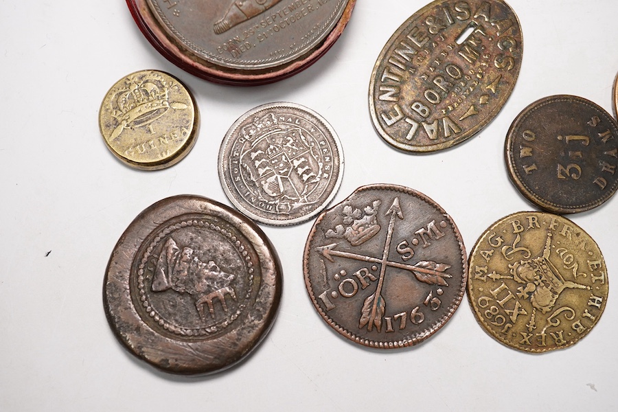 British coins and commemorative medals, a group, including James II Irish gun money shilling, Nov. 1689, good fine, a Foudroyant. Lord Nelson’s flagship commemorative medal, 1897, struck from copper of vessel after break